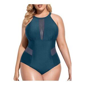 Turquoise One Piece Swimsuit High Neck Plunge Mesh Cut Size 16W NWT #7108